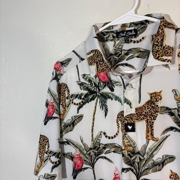 Bad Birdie Polo Shirt Mens Large White Tropical Leopard Parrot Golf Performance - Picture 2 of 7